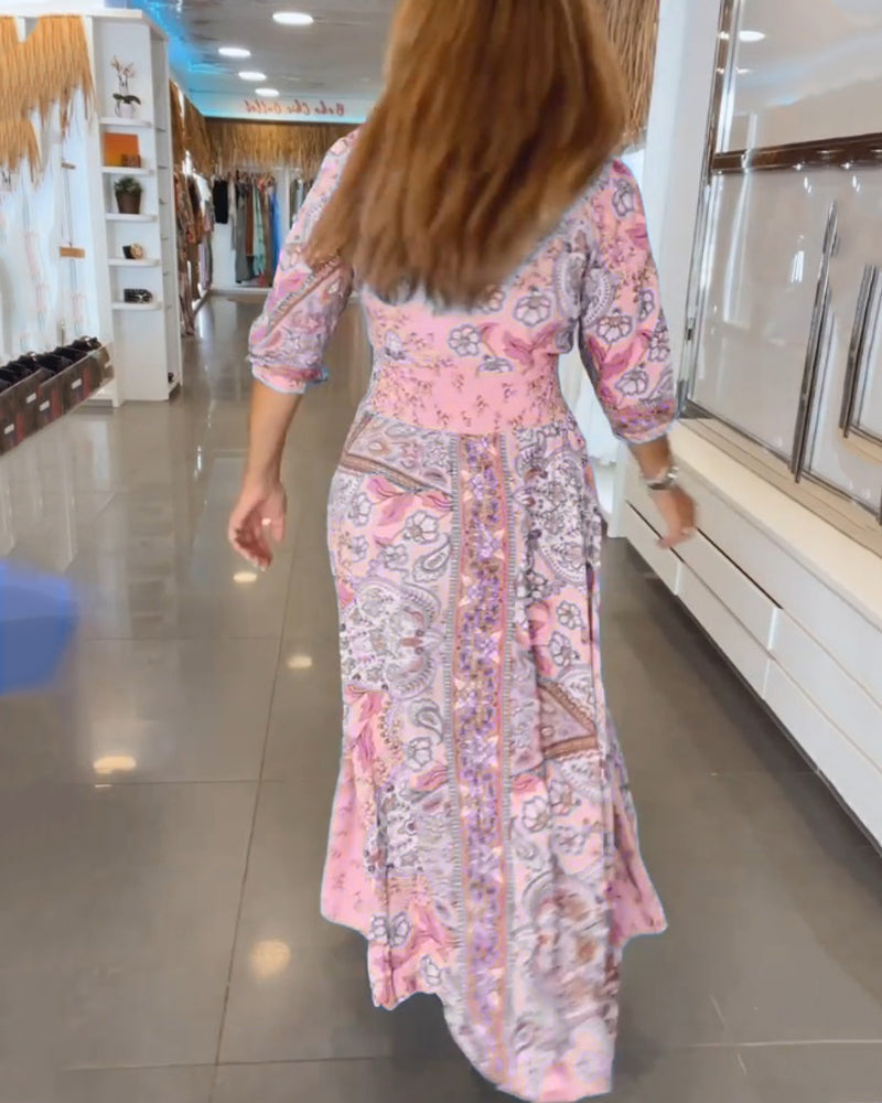 Astrid | Romantisk maxikjole med bohemeprint og bindebånd
